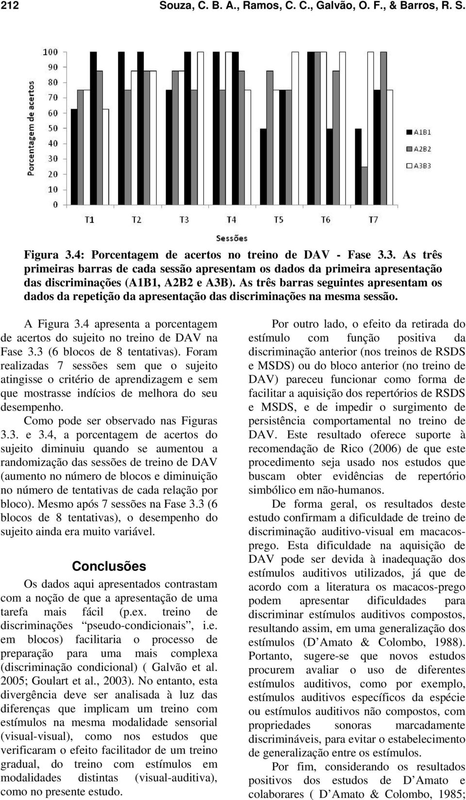 3 (6 blocos de 8 tentativas). Foram realizadas 7 sessões sem que o sujeito atingisse o critério de aprendizagem e sem que mostrasse indícios de melhora do seu desempenho.