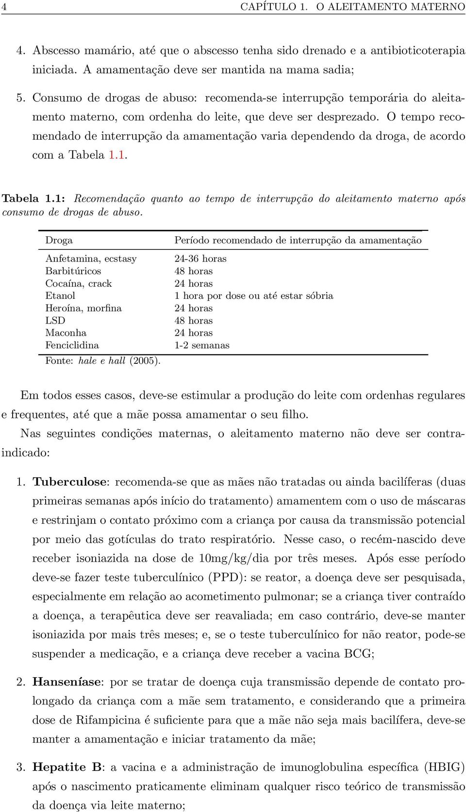 O tempo recomendado de interrupção da amamentação varia dependendo da droga, de acordo com a Tabela 1.