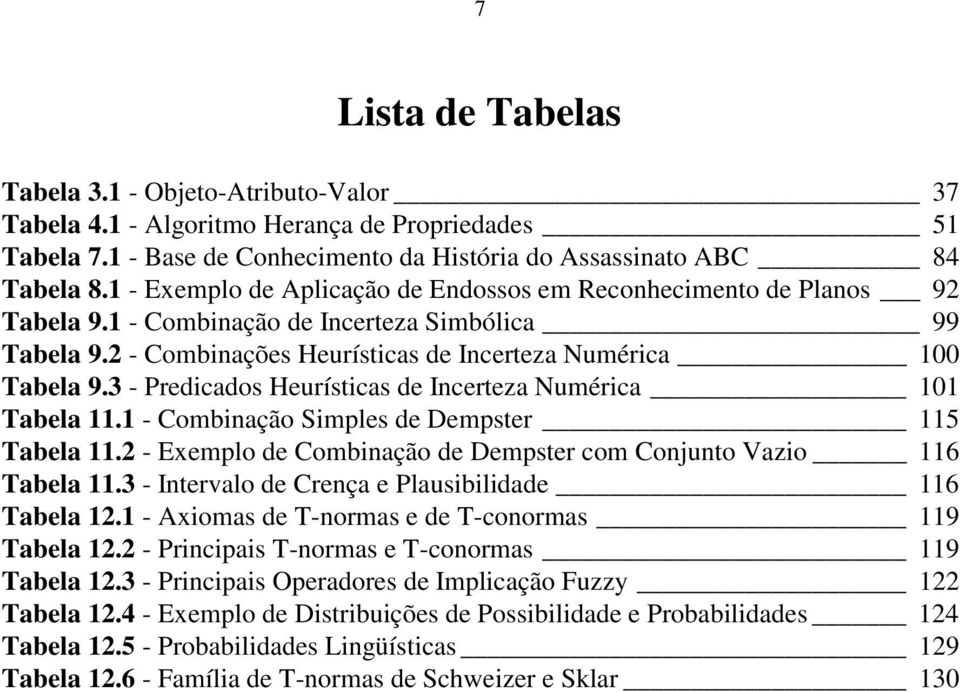 3 - Predicados Heurísticas de Incerteza Numérica 101 Tabela 11.1 - Combinação Simples de Dempster 115 Tabela 11.2 - Exemplo de Combinação de Dempster com Conjunto Vazio 116 Tabela 11.