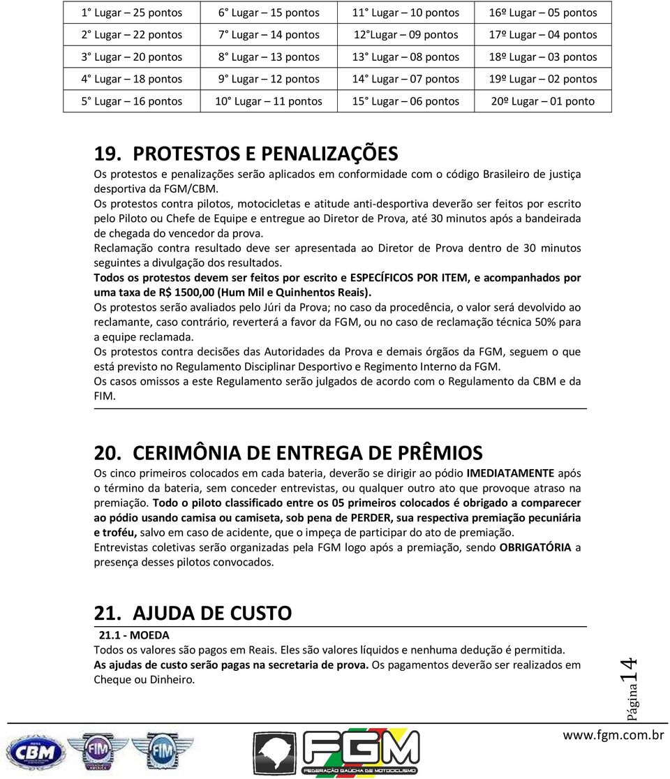 PROTESTOS E PENALIZAÇÕES Os protestos e penalizações serão aplicados em conformidade com o código Brasileiro de justiça desportiva da FGM/CBM.