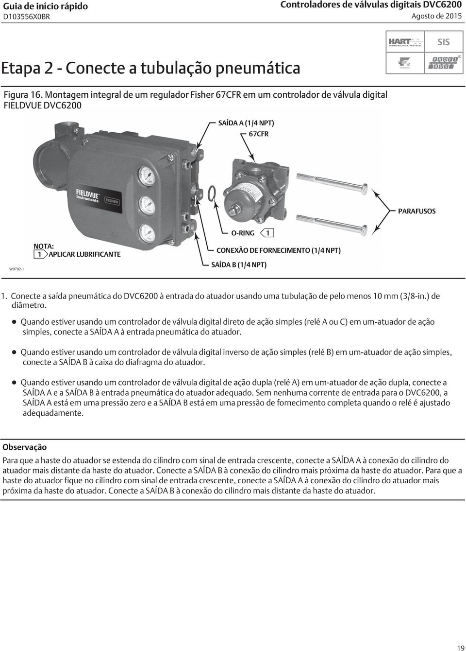 FORNECIMENTO (1/4 NPT) SAÍDA B (1/4 NPT) 1. Conecte a saída pneumática do DVC6200 à entrada do atuador usando uma tubulação de pelo menos 10 mm (3/8 in.) de diâmetro.