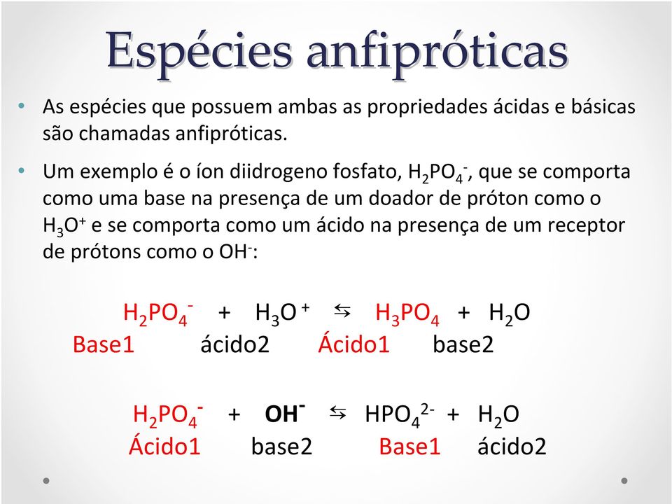 próton como o H 3 O + e se comporta como um ácido na presença de um receptor de prótons como o OH - : H 2 PO -
