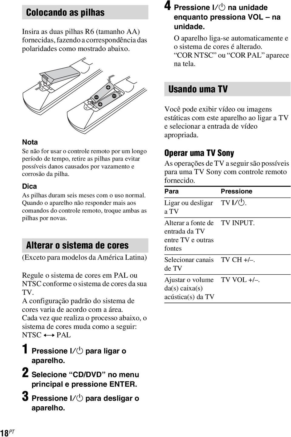 Usando uma TV Nota Se não for usar o controle remoto por um longo período de tempo, retire as pilhas para evitar possíveis danos causados por vazamento e corrosão da pilha.