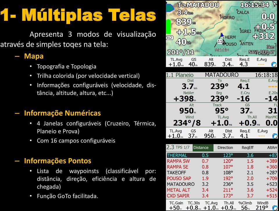 ..) Informaçõe Numéricas 4 Janelas configuráveis (Cruzeiro, Térmica, Planeio e Prova) Com 16 campos configuráveis