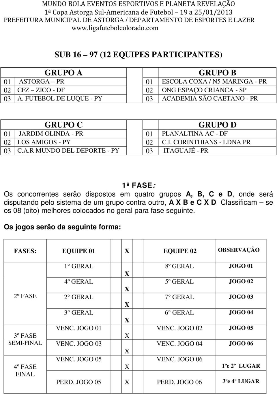 ADEMIA SÃO CAETANO - PR GRUPO D 01 JARDIM OLINDA - PR 01 PLANALTINA AC - DF 02 LOS AMIGOS - PY 02 C.I. CORINTHIANS - LDNA PR 03 C.A.R MUNDO DEL DEPORTE - PY 03 ITAGUAJÉ - PR Os concorrentes serão