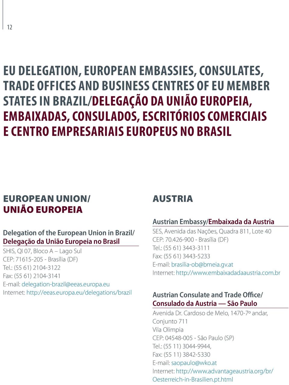 Brasília (DF) Tel.: (55 61) 2104-3122 Fax: (55 61) 2104-3141 E-mail: delegation-brazil@eeas.europa.