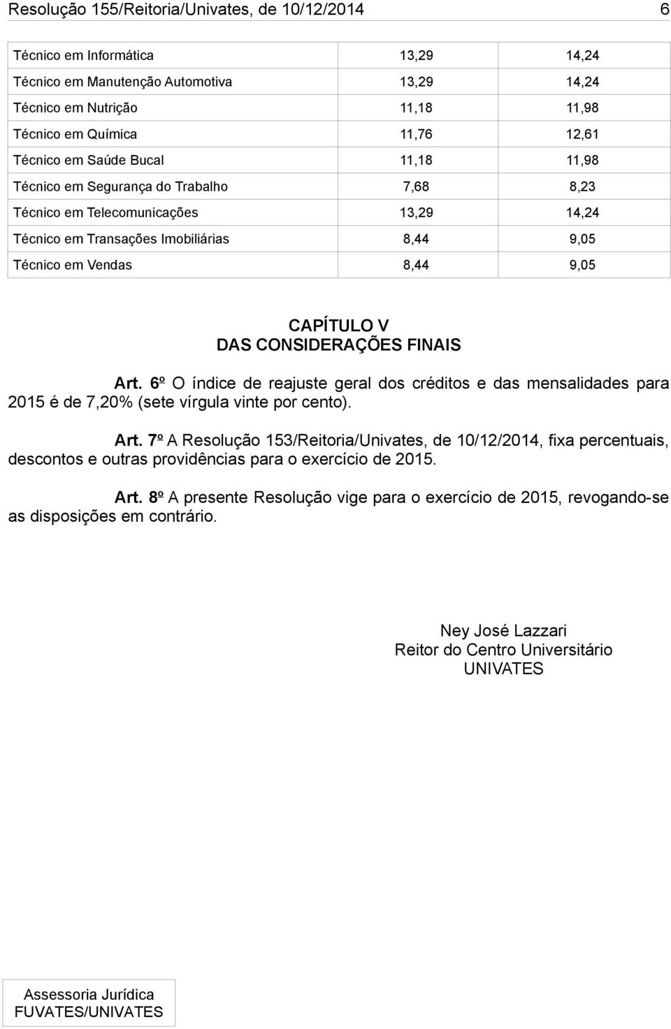 CONSIDERAÇÕES FINAIS Art. 6 o O índice de reajuste geral dos créditos e das mensalidades para 2015 é de 7,20% (sete vírgula vinte por cento). Art. 7 o A Resolução 153/Reitoria/Univates, de 10/12/2014, fixa percentuais, descontos e outras providências para o exercício de 2015.