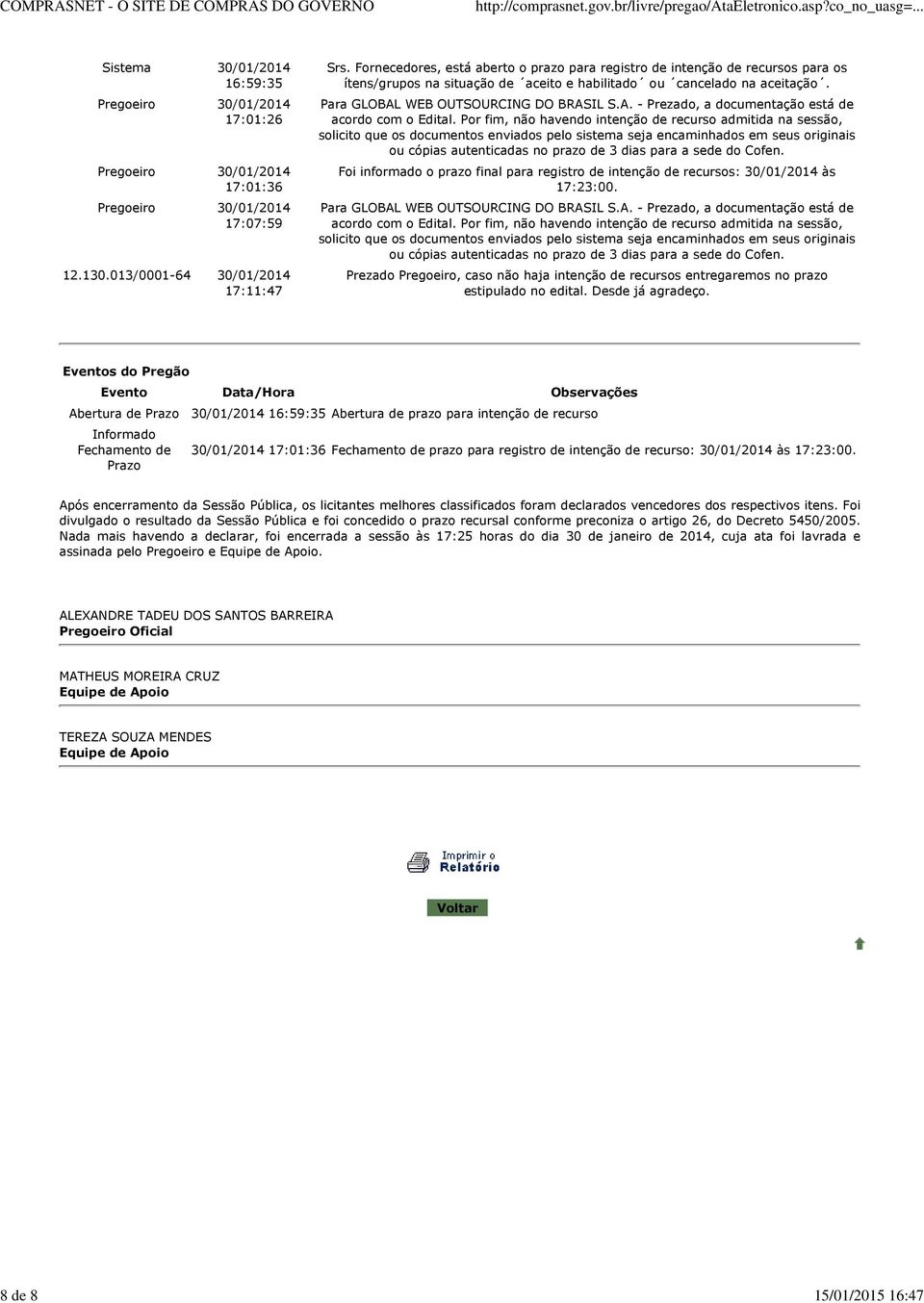 WEB OUTSOURCING DO BRASIL S.A. - Prezado, a documentação está de acordo com o Edital.