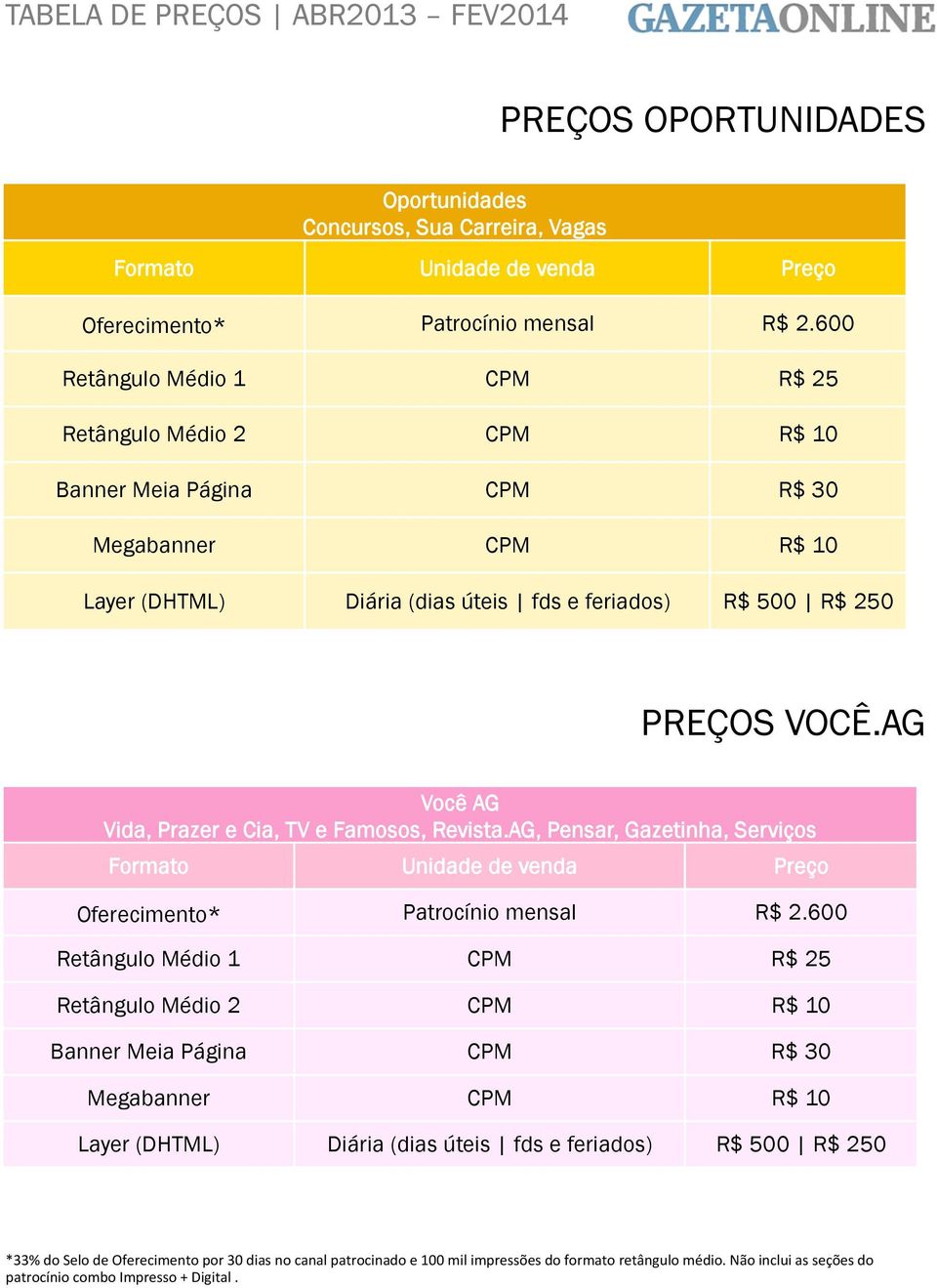 AG, Pensar, Gazetinha, Serviços Oferecimento* Patrocínio mensal R$ 2.