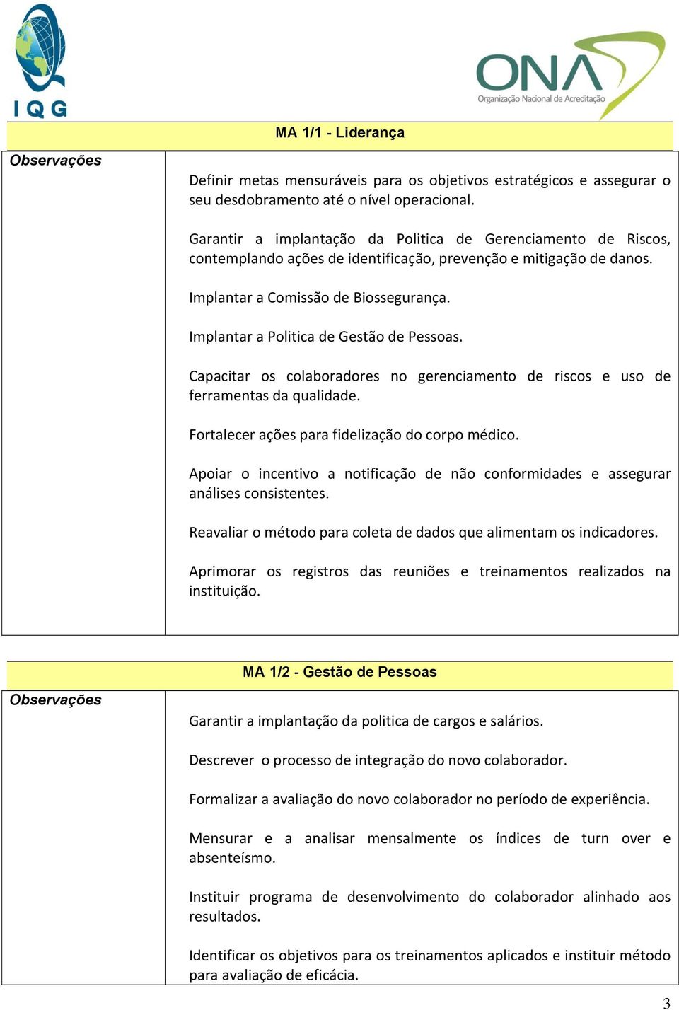 Implantar a Politica de Gestão de Pessoas. Capacitar os colaboradores no gerenciamento de riscos e uso de ferramentas da qualidade. Fortalecer ações para fidelização do corpo médico.