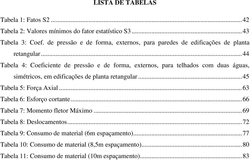 .. 44 Tabela 4: Coeficiente de pressão e de forma, externos, para telhados com duas águas, simétricos, em edificações de planta retangular.