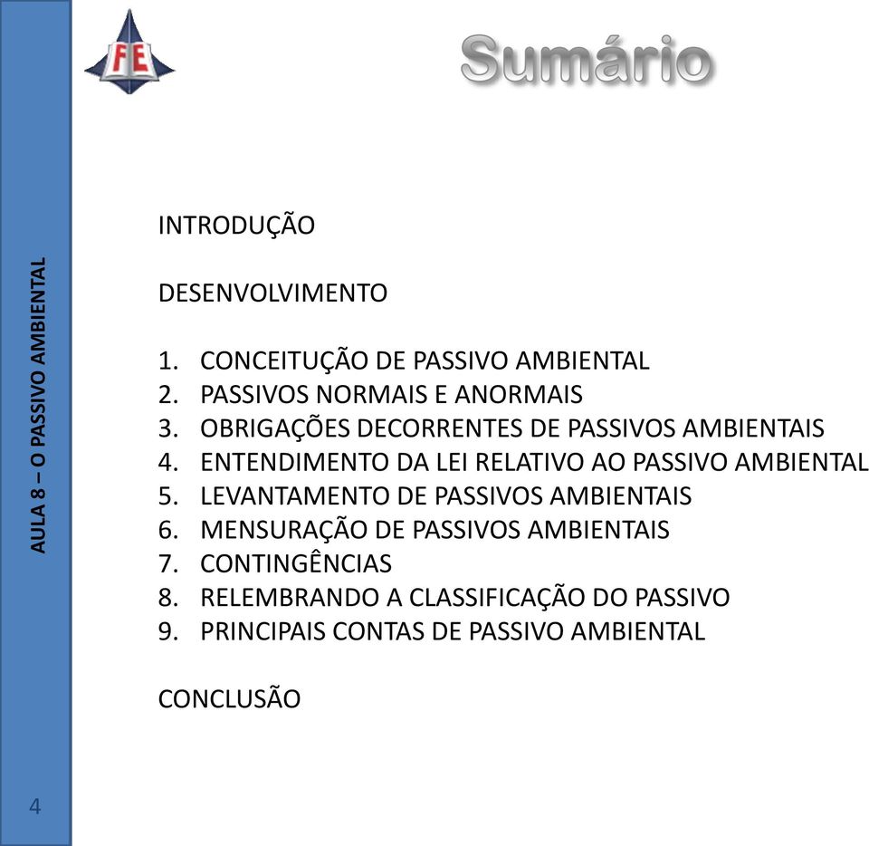 ENTENDIMENTO DA LEI RELATIVO AO PASSIVO AMBIENTAL 5. LEVANTAMENTO DE PASSIVOS AMBIENTAIS 6.