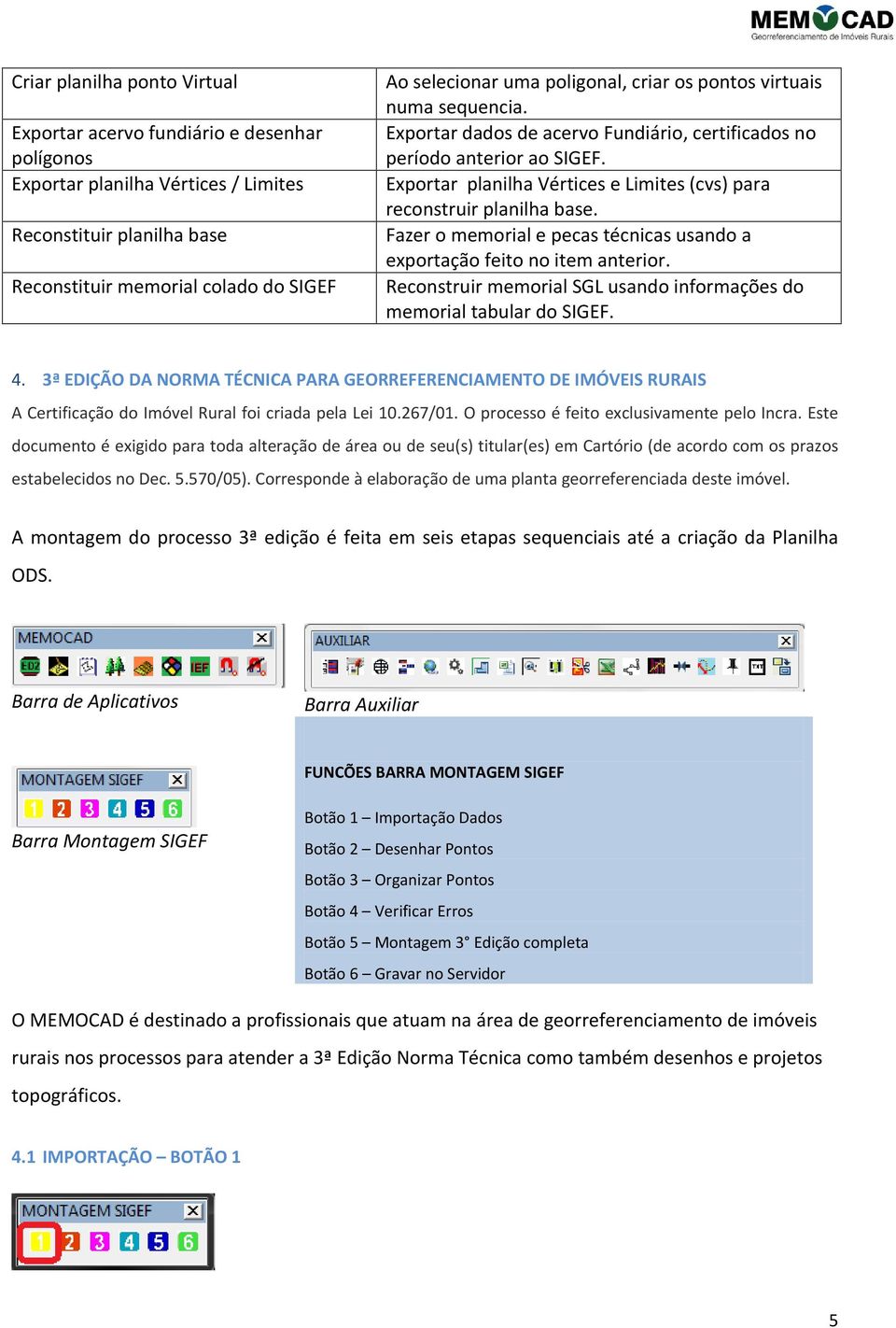 Exportar planilha Vértices e Limites (cvs) para reconstruir planilha base. Fazer o memorial e pecas técnicas usando a exportação feito no item anterior.