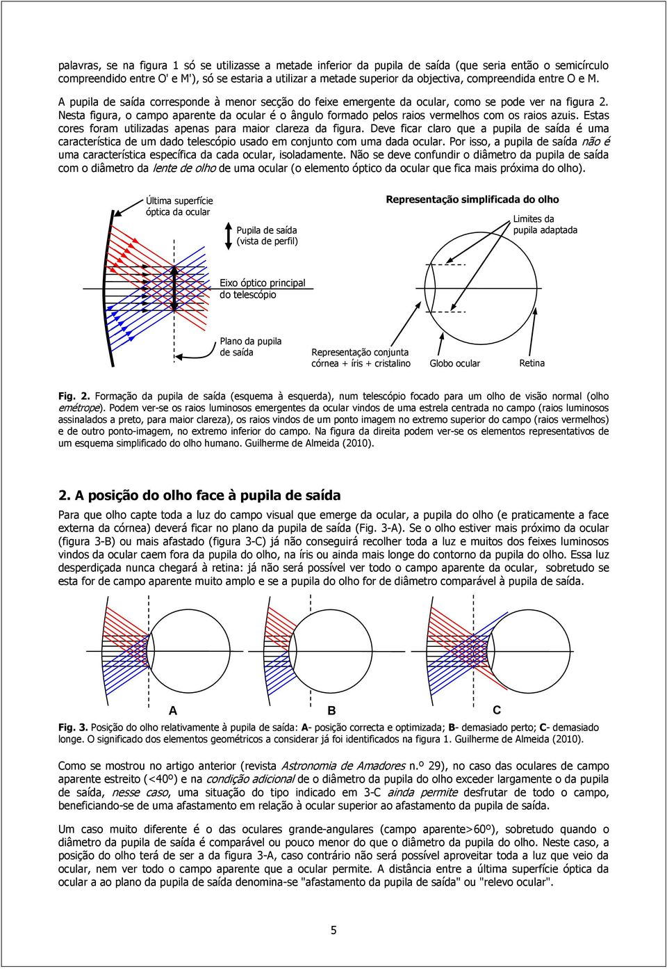 Nesta figura, o campo aparente da ocular é o ângulo formado pelos raios vermelhos com os raios azuis. Estas cores foram utilizadas apenas para maior clareza da figura.