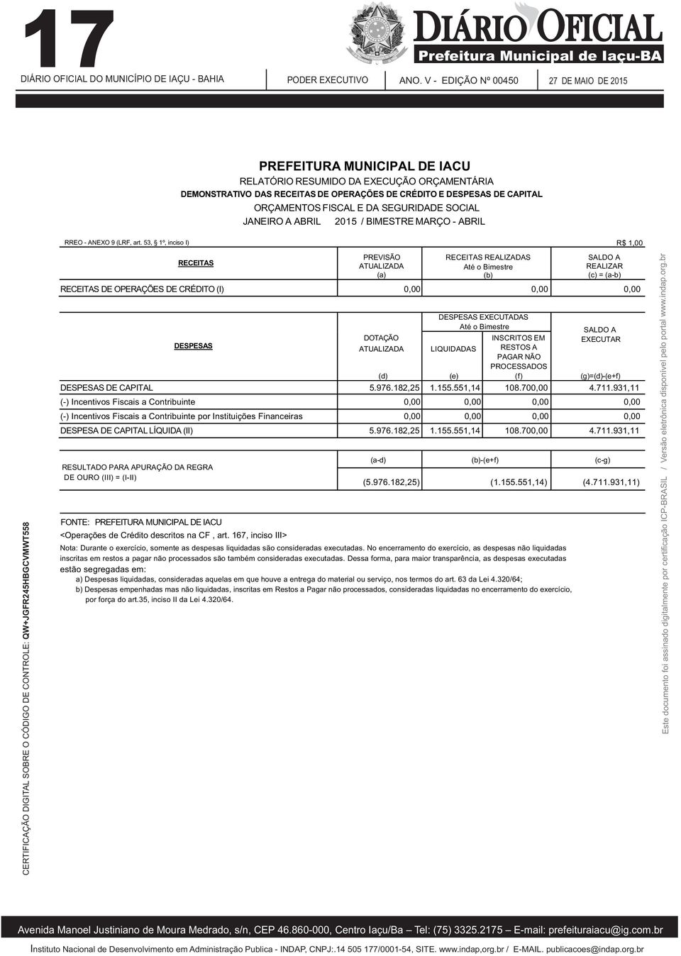 BIMESTRE MARÇO ABRIL RREO ANEXO 9 (LRF, art. 53, 1º, inciso I) R$ 1,00 Este documento foi assinado digitalmente por certificação ICPBRASIL / Versão eletrônica disponível pelo portal www.indap.org.