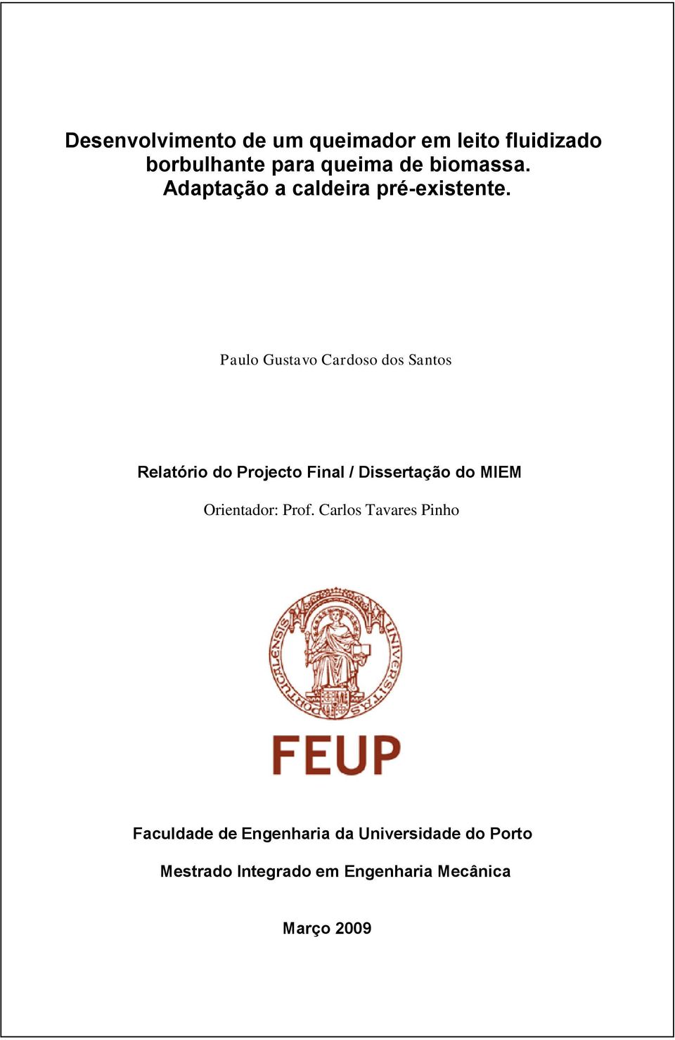 do Projecto Final / Dissertação do MIEM Orientador: Prof Carlos Tavares Pinho