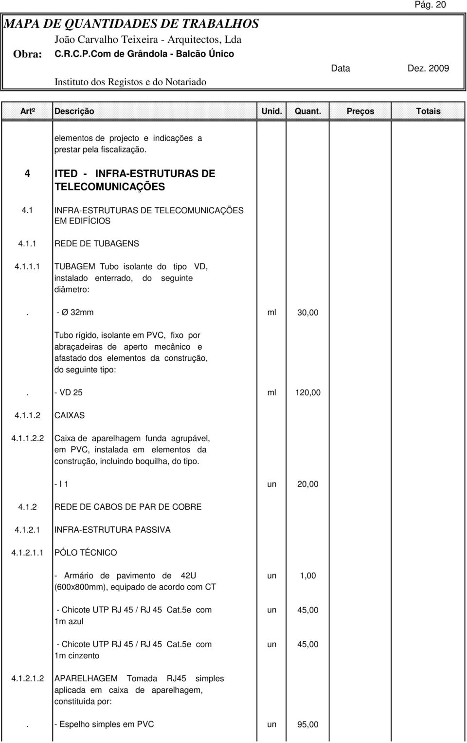 - Ø 32mm ml 30,00 Tubo rígido, isolante em PVC, fixo por abraçadeiras de aperto mecânico e afastado dos elementos da construção, do seguinte tipo:. - VD 25 ml 120,00 4.1.1.2 CAIXAS 4.1.1.2.2 Caixa de aparelhagem funda agrupável, em PVC, instalada em elementos da construção, incluindo boquilha, do tipo.