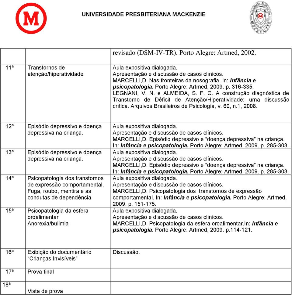 12ª Episódio depressivo e doença depressiva na criança. 13ª Episódio depressivo e doença depressiva na criança. 14ª Psicopatologia dos transtornos de expressão comportamental.