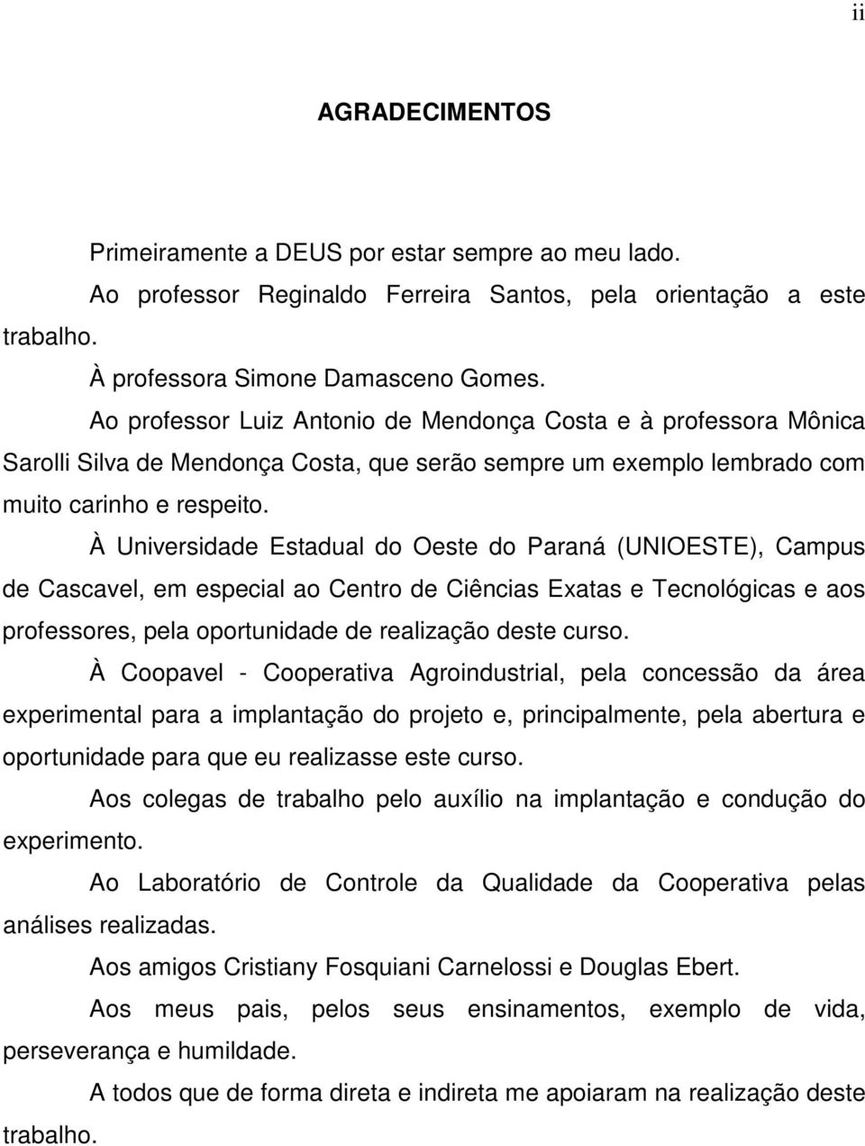 À Universidade Estadual do Oeste do Paraná (UNIOESTE), Campus de Cascavel, em especial ao Centro de Ciências Exatas e Tecnológicas e aos professores, pela oportunidade de realização deste curso.