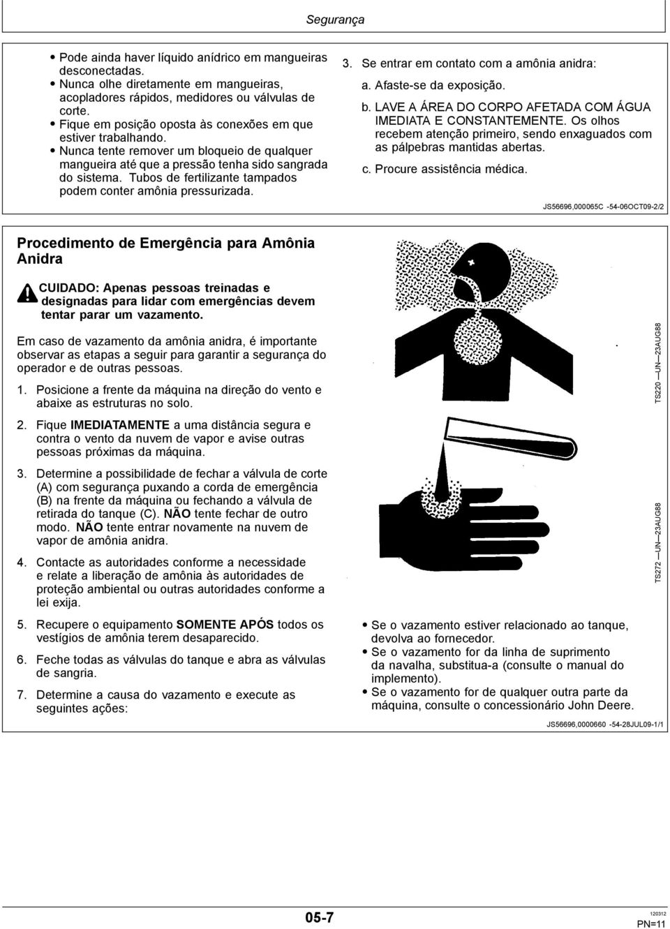 Tubos de fertilizante tampados podem conter amônia pressurizada. 3. Se entrar em contato com a amônia anidra: a. Afaste-se da exposição. b.