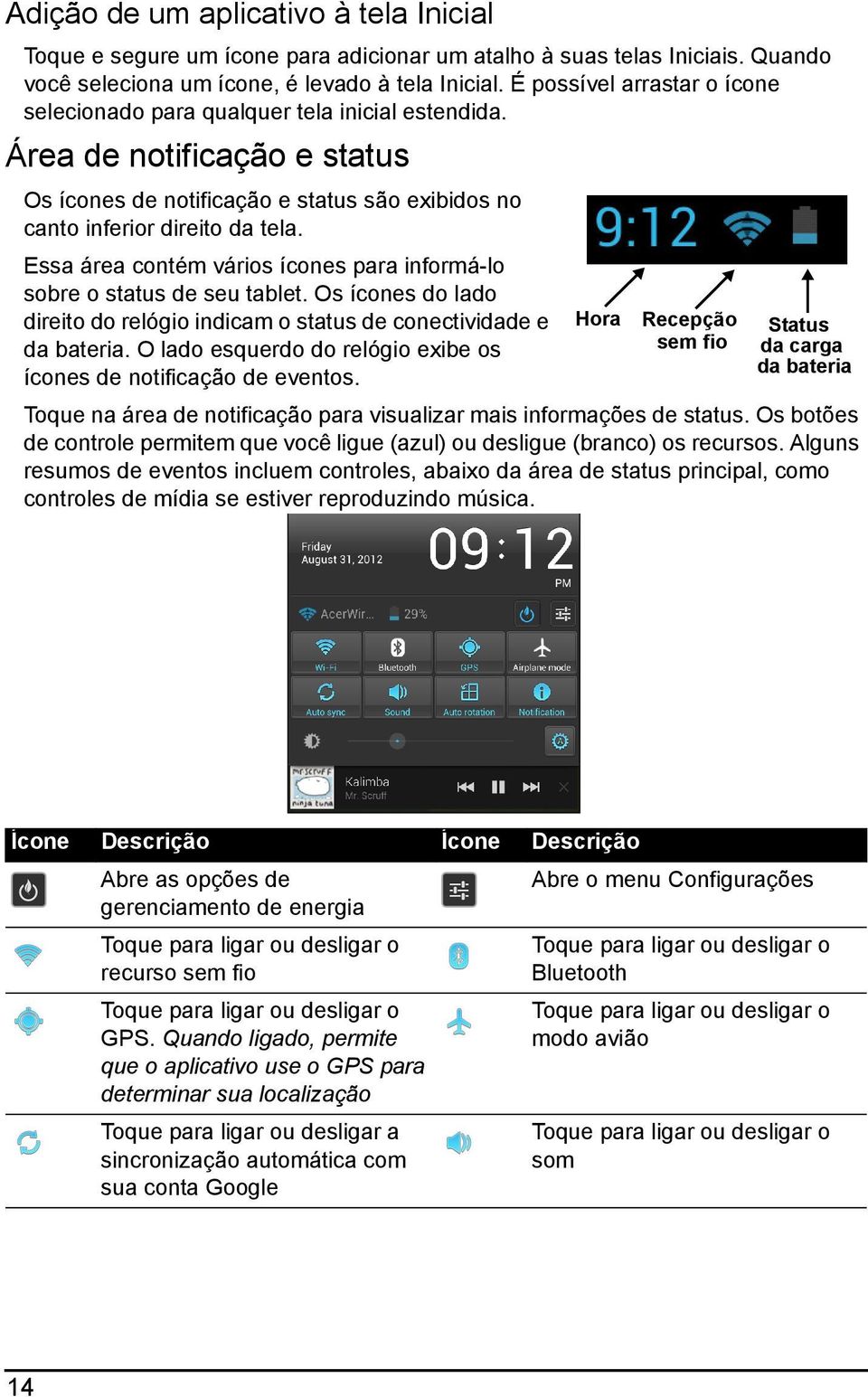 Essa área contém vários ícones para informá-lo sobre o status de seu tablet. Os ícones do lado direito do relógio indicam o status de conectividade e Hora Recepção Status da bateria.