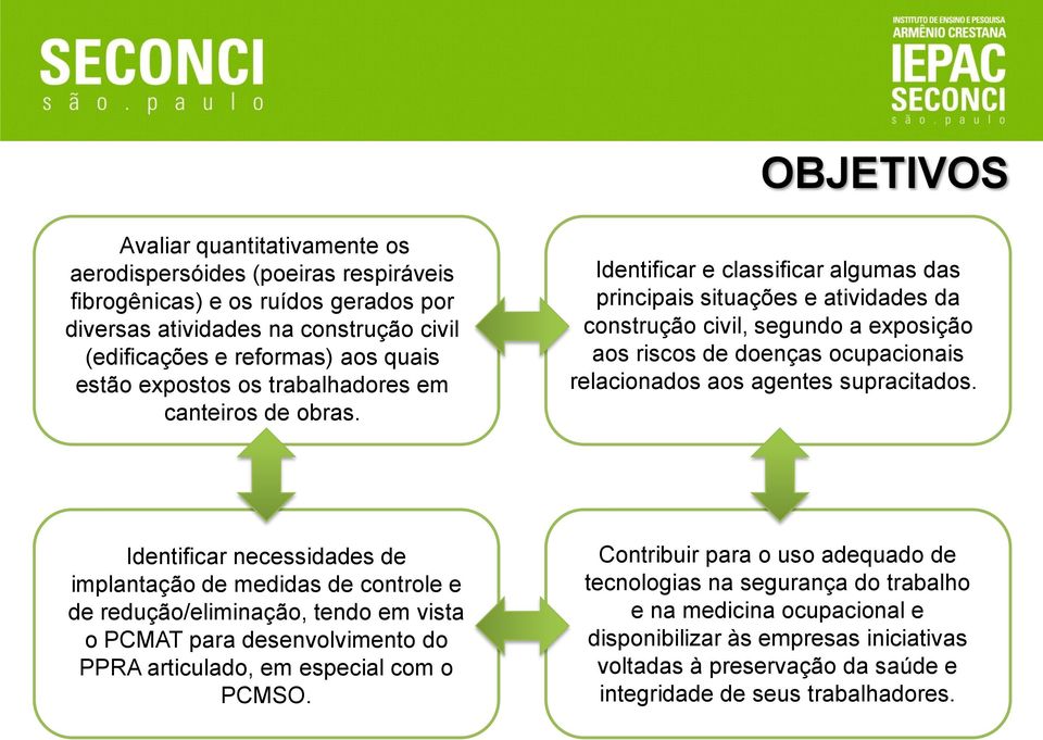 Identificar e classificar algumas das principais situações e atividades da construção civil, segundo a exposição aos riscos de doenças ocupacionais relacionados aos agentes supracitados.