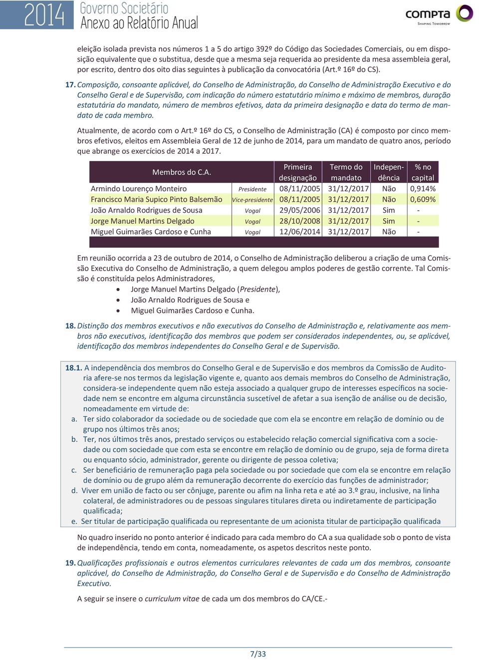 Composição, consoante aplicável, do Conselho de Administração, do Conselho de Administração Executivo e do Conselho Geral e de Supervisão, com indicação do número estatutário mínimo e máximo de