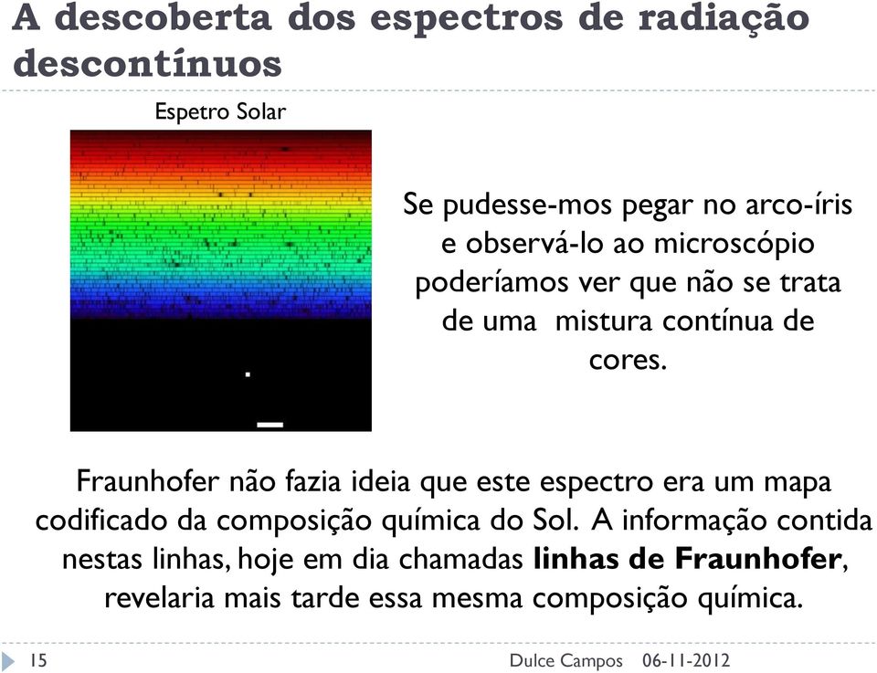 Fraunhofer não fazia ideia que este espectro era um mapa codificado da composição química do Sol.
