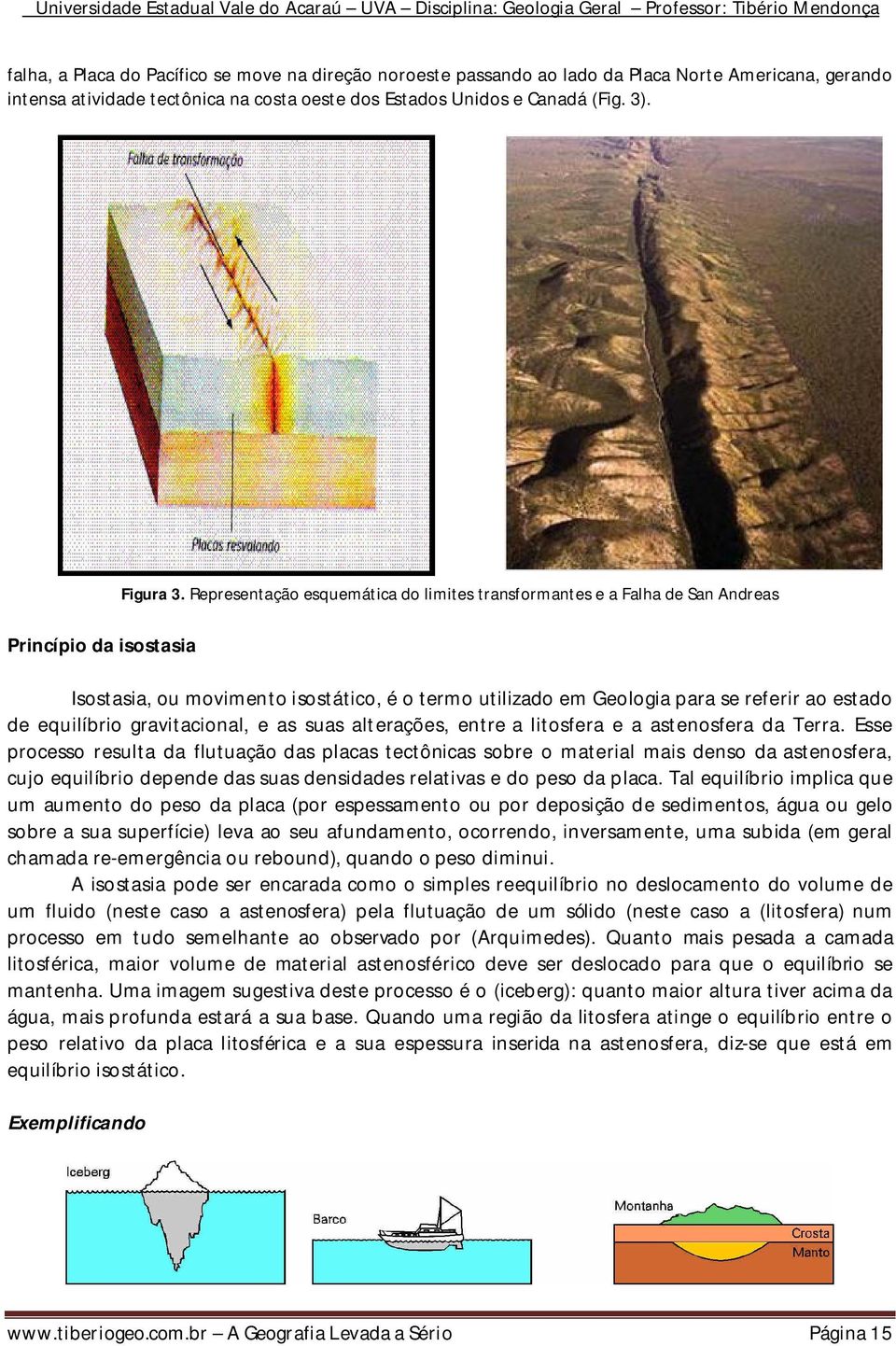 Representação esquemática do limites transformantes e a Falha de San Andreas Isostasia, ou movimento isostático, é o termo utilizado em Geologia para se referir ao estado de equilíbrio gravitacional,