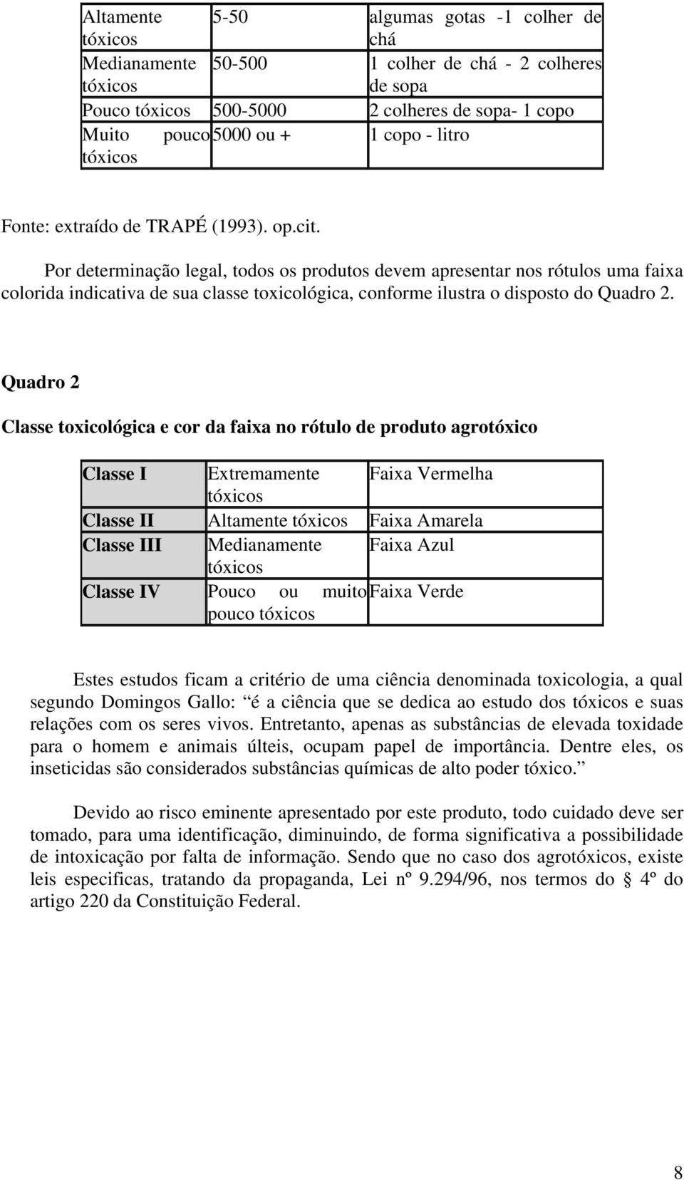 Por determinação legal, todos os produtos devem apresentar nos rótulos uma faixa colorida indicativa de sua classe toxicológica, conforme ilustra o disposto do Quadro 2.