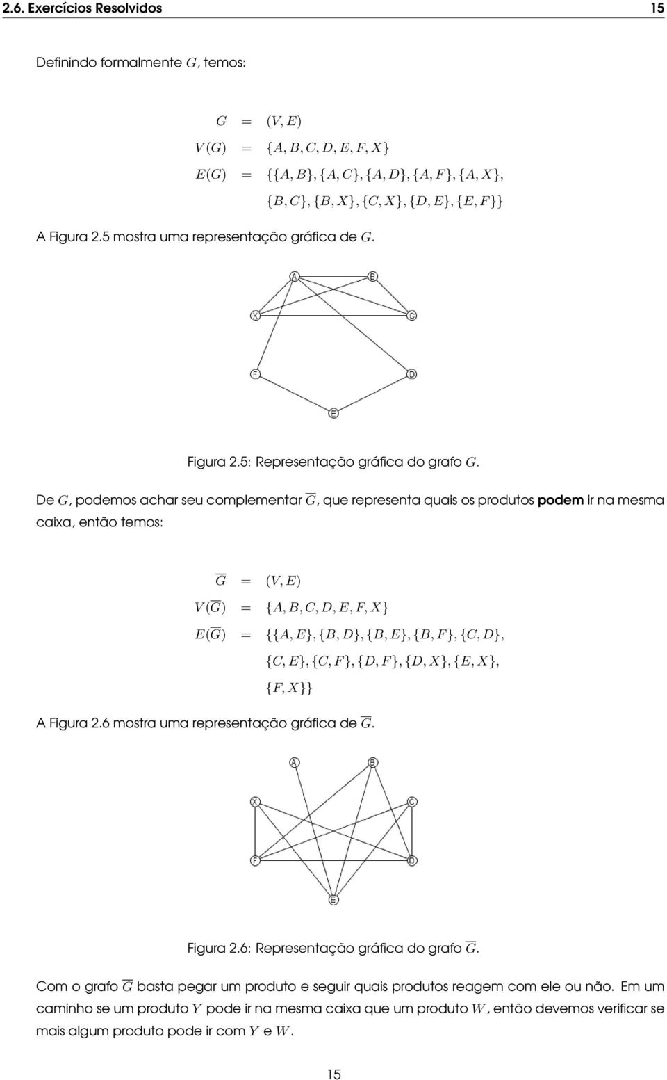 De G, podemos achar seu complementar G, que representa quais os produtos podem ir na mesma caixa, então temos: G = (V, E) V (G) = {A, B, C, D, E, F, X} E(G) = {{A, E}, {B, D}, {B, E}, {B, F }, {C,