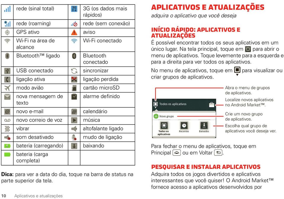 10 Aplicativos e atualizações 3G (os dados mais rápidos) rede (sem conexão) aviso Wi-Fi conectado Bluetooth conectado sincronizar ligação perdida cartão microsd alarme definido calendário música