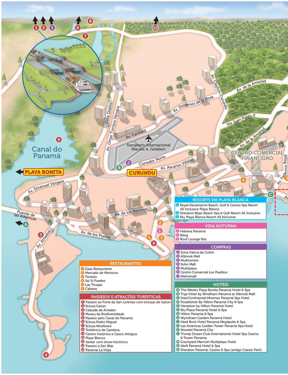 Gelabert CURUNDU PASSEIOS E ATRAÇÕES TURÍSTICAS 1 Passeio ao Forte de San Lorenzo com eclusas de Gatún 2 Eclusa Gatún 3 Calçada de Amador 4 Museu da Biodiversidade 5 Passeio pelo Canal do Panamá 6