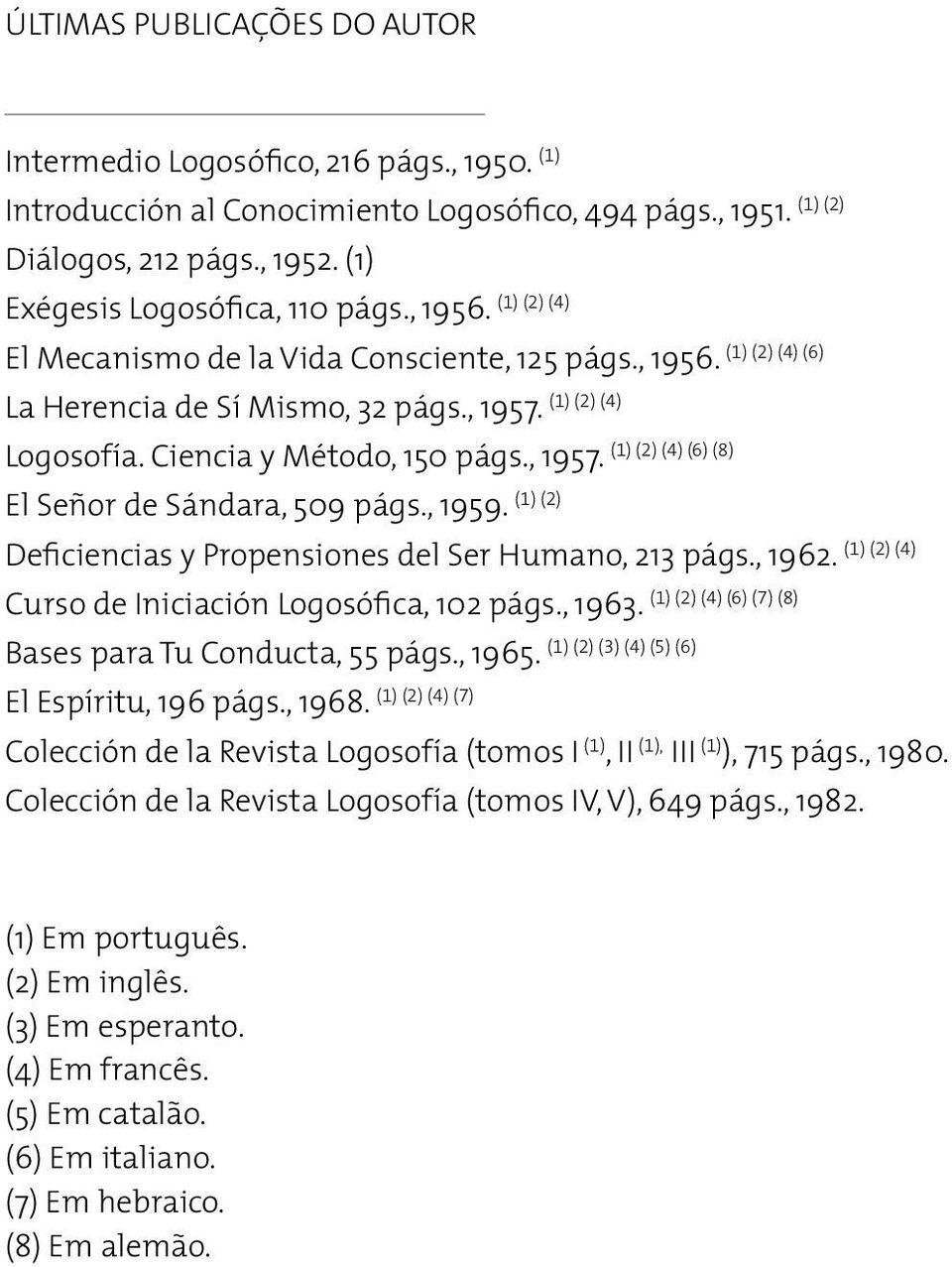 (1) (2) (4) (6) (8) Logosofía. Ciencia y Método, 150 págs., 1957. (1) (2) El Señor de Sándara, 509 págs., 1959. (1) (2) (4) Deficiencias y Propensiones del Ser Humano, 213 págs., 1962.