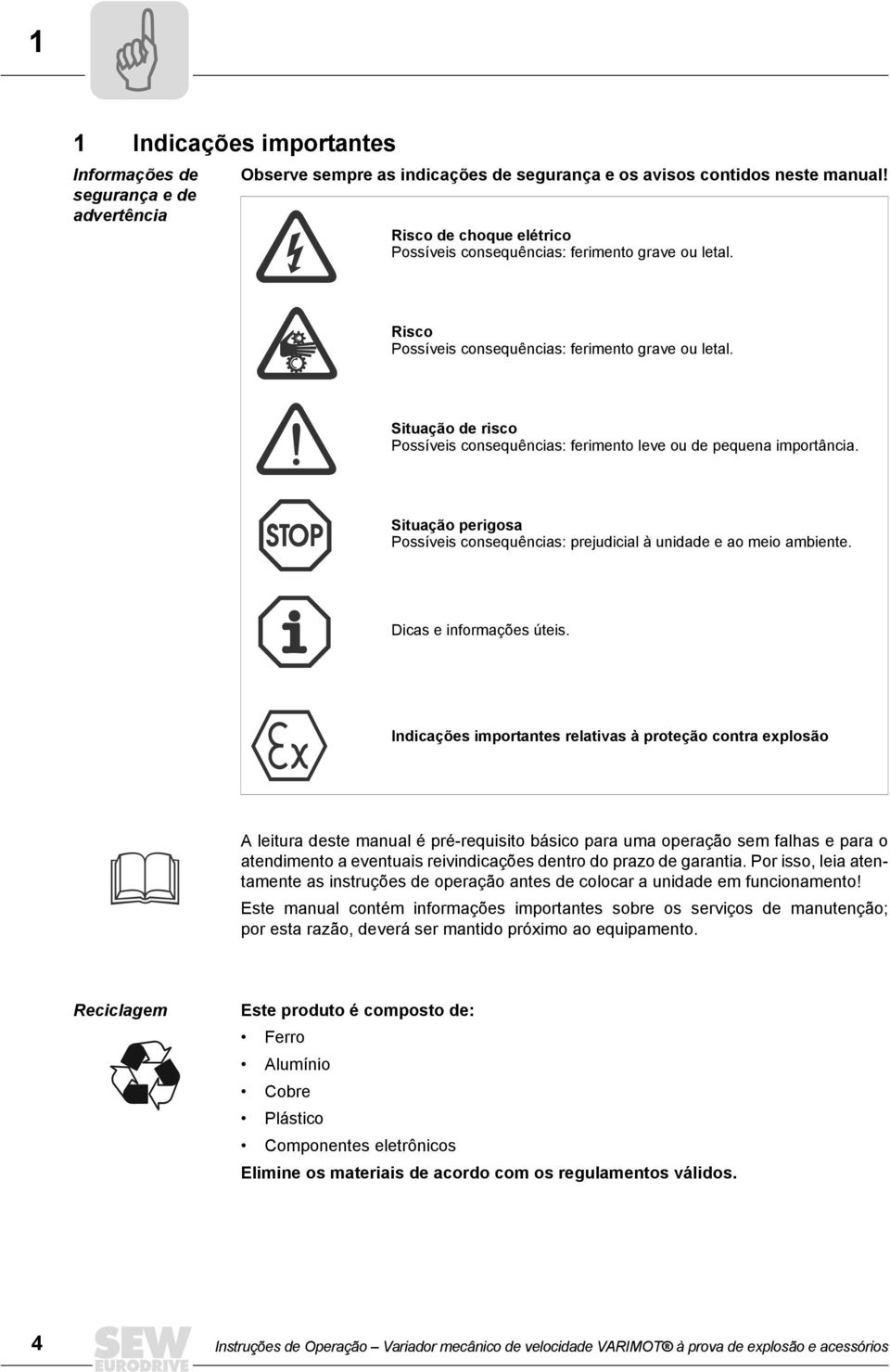 Situação de risco Possíveis consequências: ferimento leve ou de pequena importância. Situação perigosa Possíveis consequências: prejudicial à unidade e ao meio ambiente. Dicas e informações úteis.