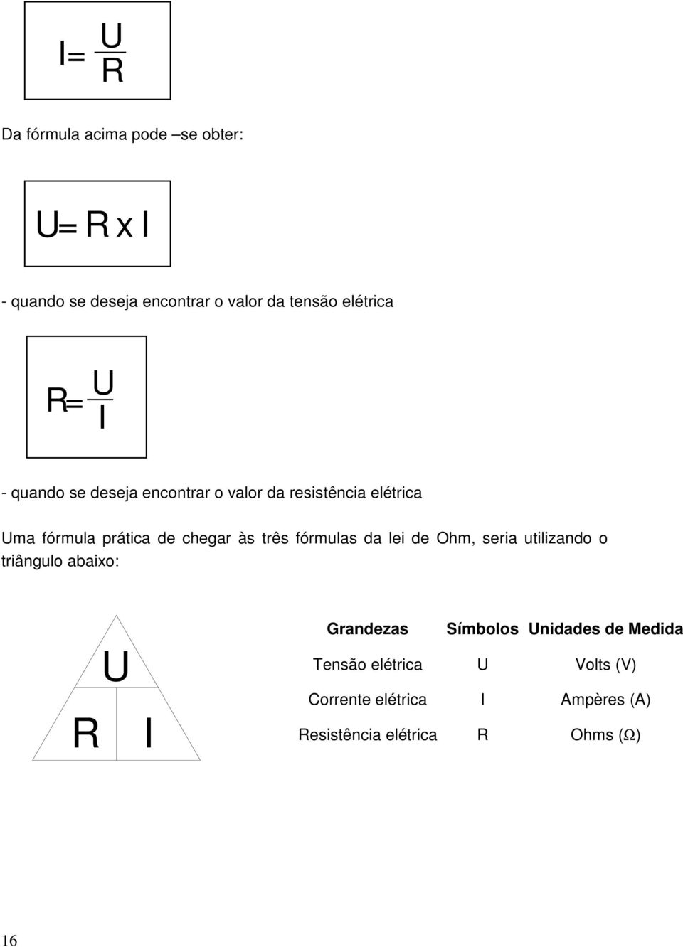 chegar às três fórmulas da lei de Ohm, seria utilizando o triângulo abaixo: R U I Grandezas Símbolos