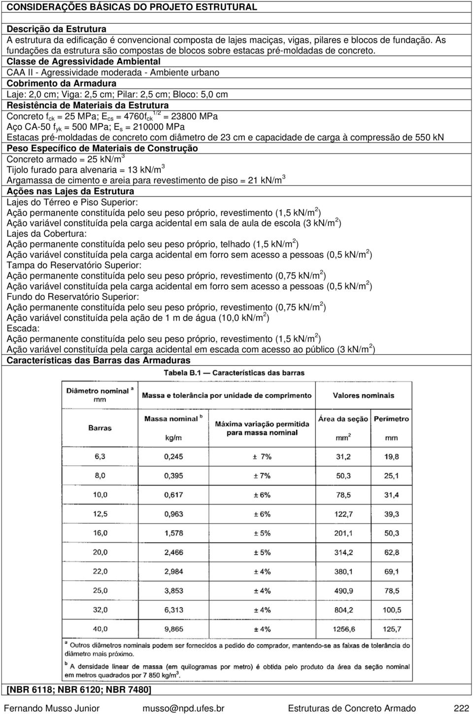 Classe de Agressividade Ambiental CAA II - Agressividade moderada - Ambiente urbano Cobrimento da Armadura Laje: 2,0 cm; Viga: 2,5 cm; Pilar: 2,5 cm; Bloco: 5,0 cm Resistência de Materiais da