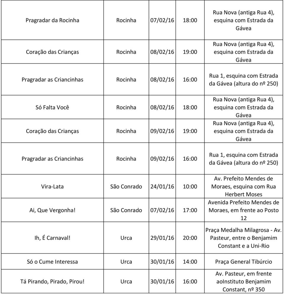 Urca 29/01/16 20:00 Rua 1, esquina com Estrada da (altura do nº 250) Rua 1, esquina com Estrada da (altura do nº 250) Av.
