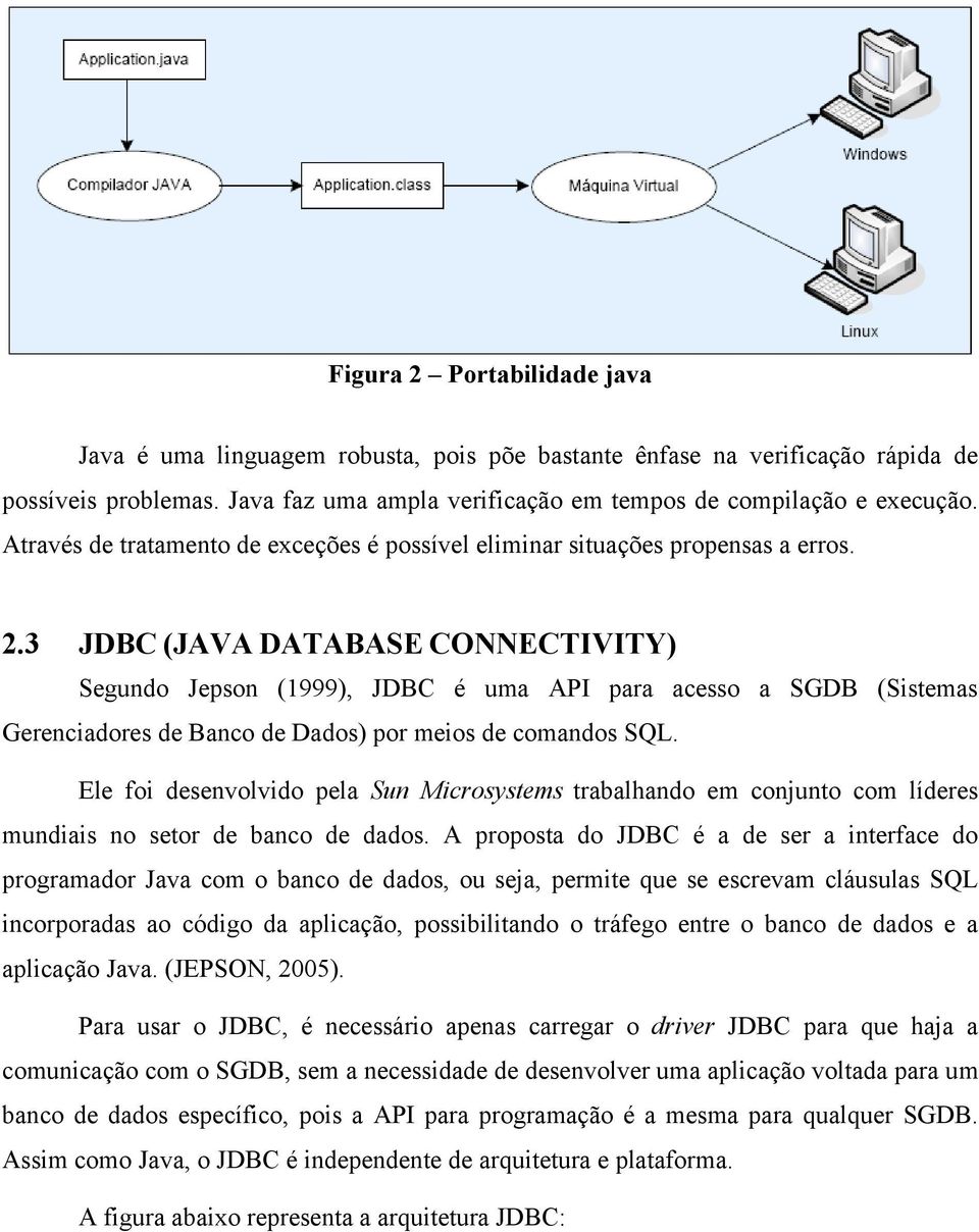 3 JDBC (JAVA DATABASE CONNECTIVITY) Segundo Jepson (1999), JDBC é uma API para acesso a SGDB (Sistemas Gerenciadores de Banco de Dados) por meios de comandos SQL.