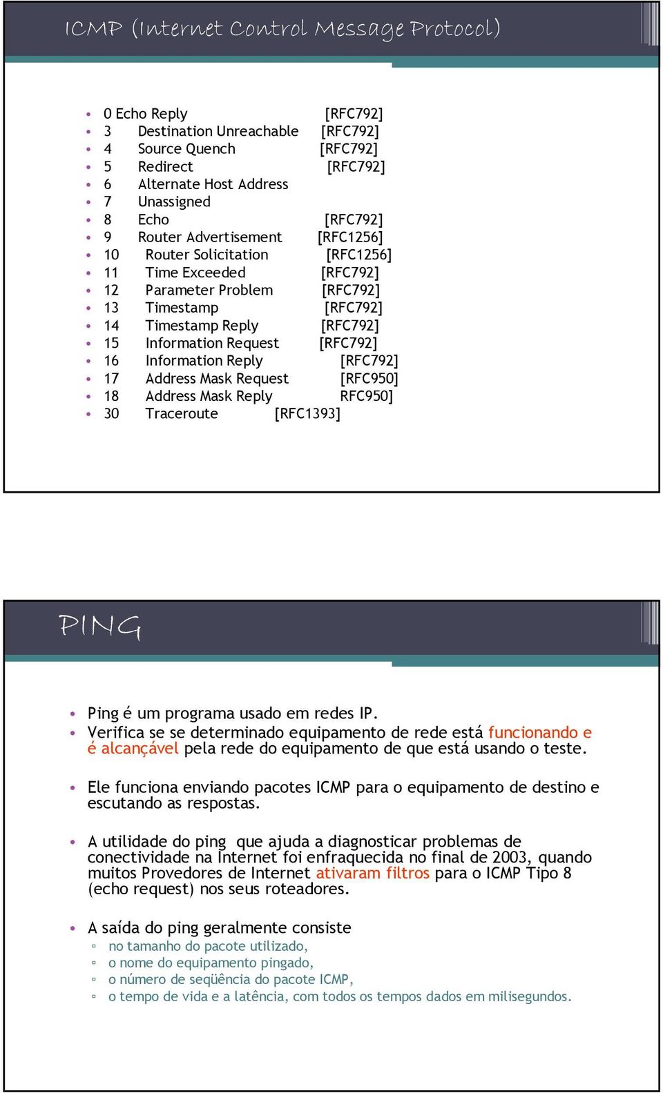 [RFC792] 16 Information Reply [RFC792] 17 Address Mask Request [RFC950] 18 Address Mask Reply RFC950] 30 Traceroute [RFC1393] PING Ping é um programa usado em redes IP.