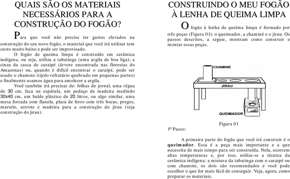 O fogão de queima limpa é construído em cerâmica indígena, ou seja, utiliza a tabatinga (uma argila de boa liga); a cinza da casca de caraipé (árvore encontrada nas florestas do Amazonas) ou, quando