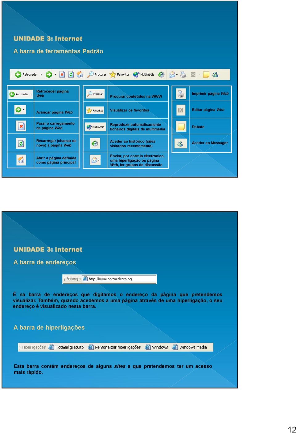 recentemente) Enviar, por correio electrónico, uma hiperligação ou página Web, ler grupos de discussão Aceder ao Messager A barra de endereços É na barra de endereços que digitamos o endereço da