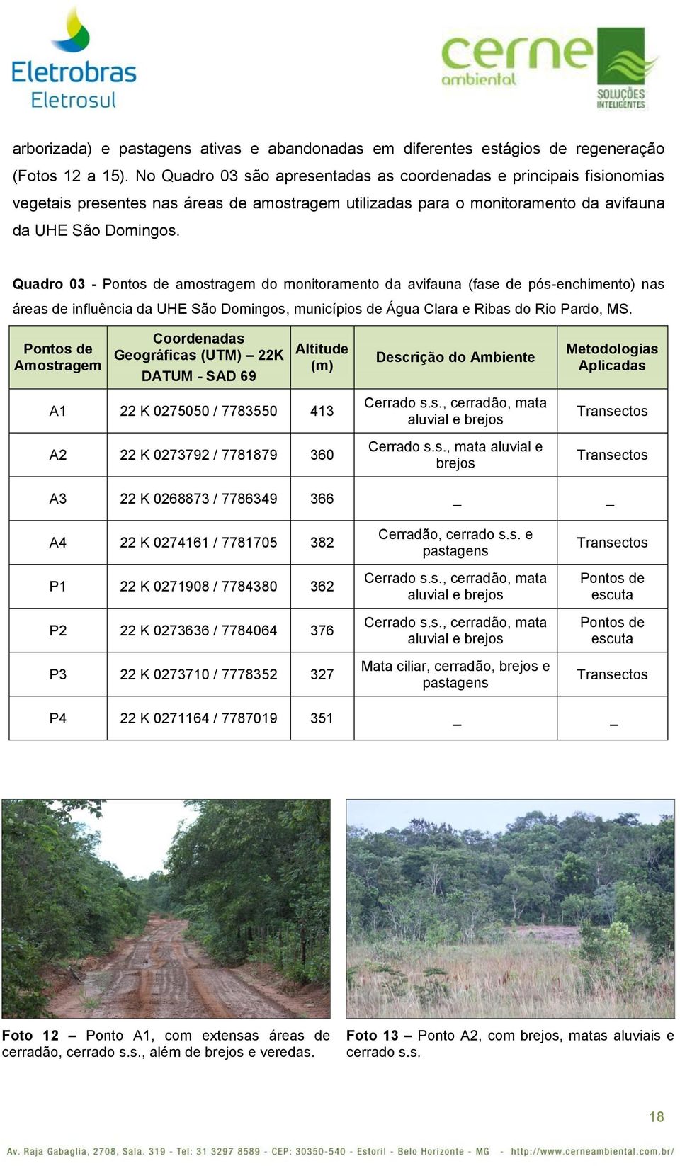 Quadro 03 - Pontos de amostragem do monitoramento da avifauna (fase de pós-enchimento) nas áreas de influência da UHE São Domingos, municípios de Água Clara e Ribas do Rio Pardo, MS.