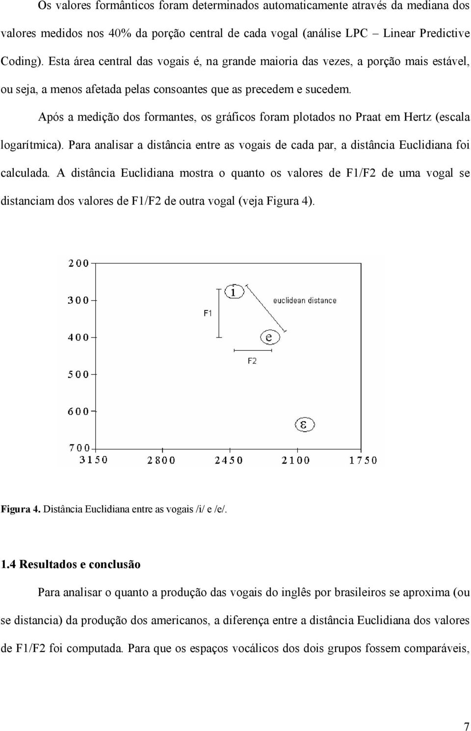 Após a medição dos formantes, os gráficos foram plotados no Praat em Hertz (escala logarítmica). Para analisar a distância entre as vogais de cada par, a distância Euclidiana foi calculada.