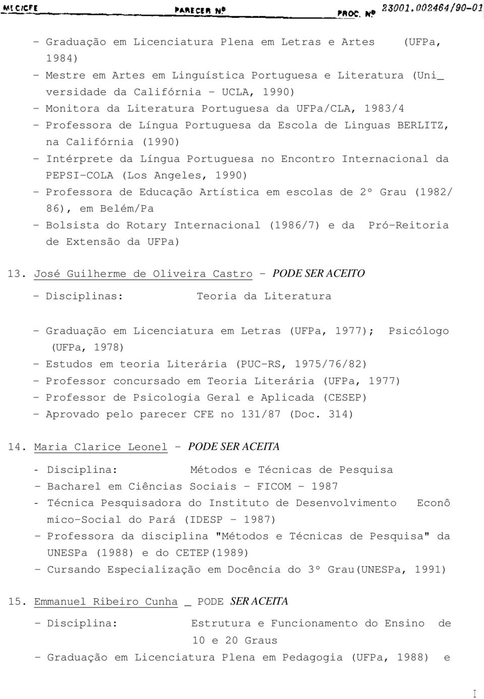 Angeles, 1990) - Professora de Educação Artística em escolas de 2º Grau (1982/ 86), em Belém/Pa - Bolsista do Rotary Internacional (1986/7) e da Pró-Reitoria de Extensão da UFPa) 13.