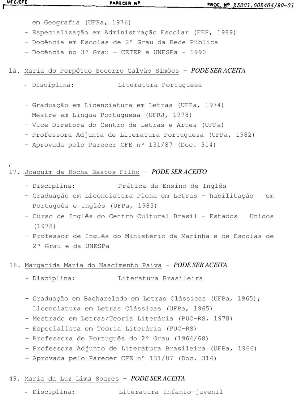 Diretora do Centro de Letras e Artes (UFPa) - Professora Adjunta de Literatura Portuguesa (UFPa, 1982) - Aprovada pelo Parecer CFE nº 131/87 (Doc. 314), 17.