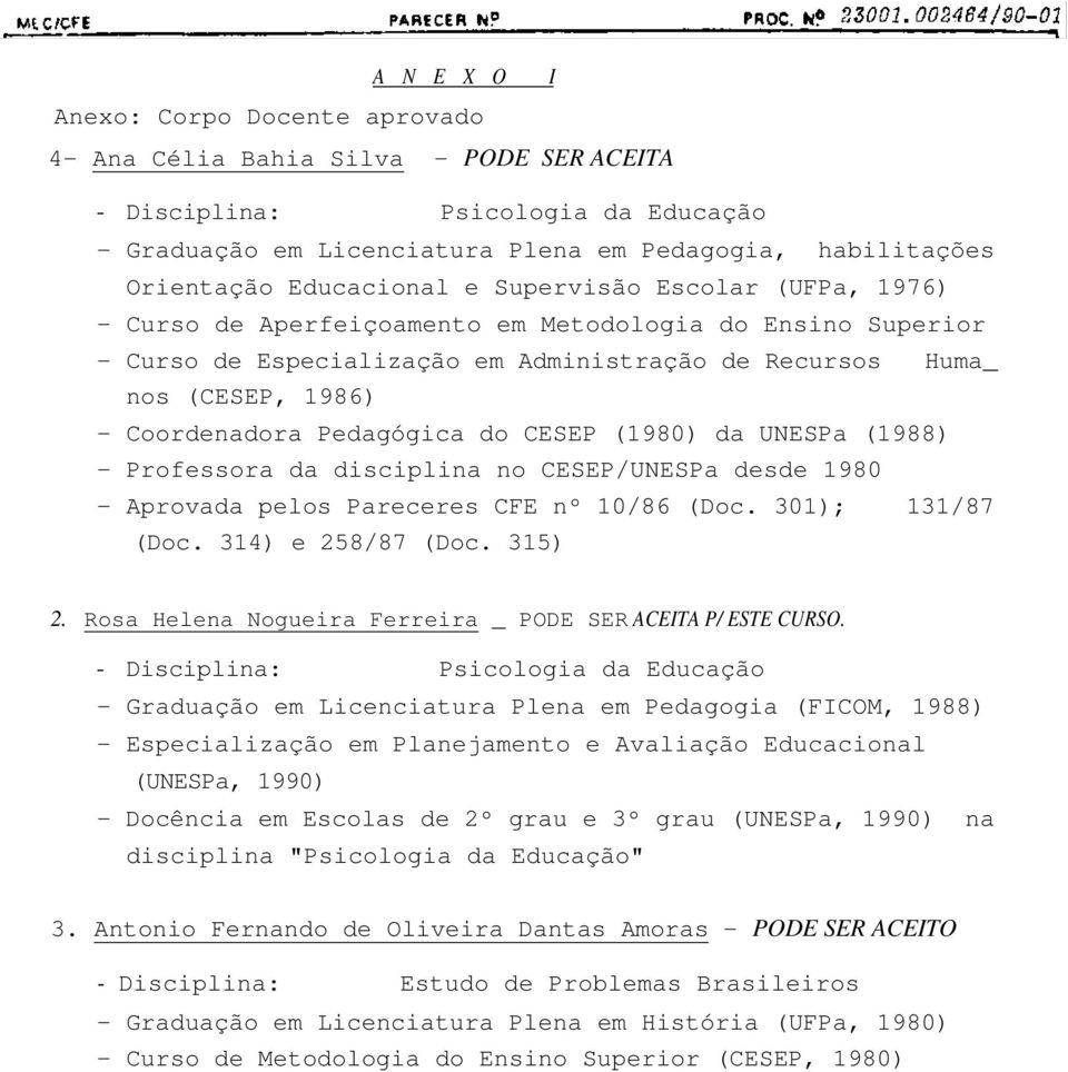 Coordenadora Pedagógica do CESEP (1980) da UNESPa (1988) - Professora da disciplina no CESEP/UNESPa desde 1980 - Aprovada pelos Pareceres CFE nº 10/86 (Doc. 301); 131/87 (Doc. 314) e 258/87 (Doc.