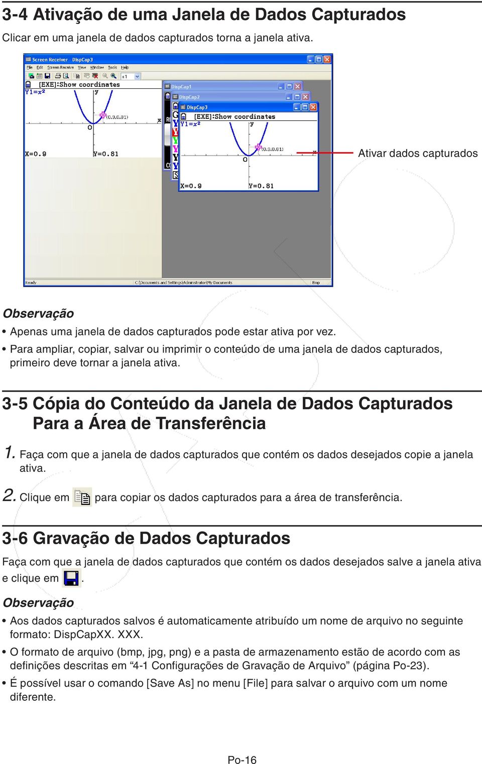 Para ampliar, copiar, salvar ou imprimir o conteúdo de uma janela de dados capturados, primeiro deve tornar a janela ativa.