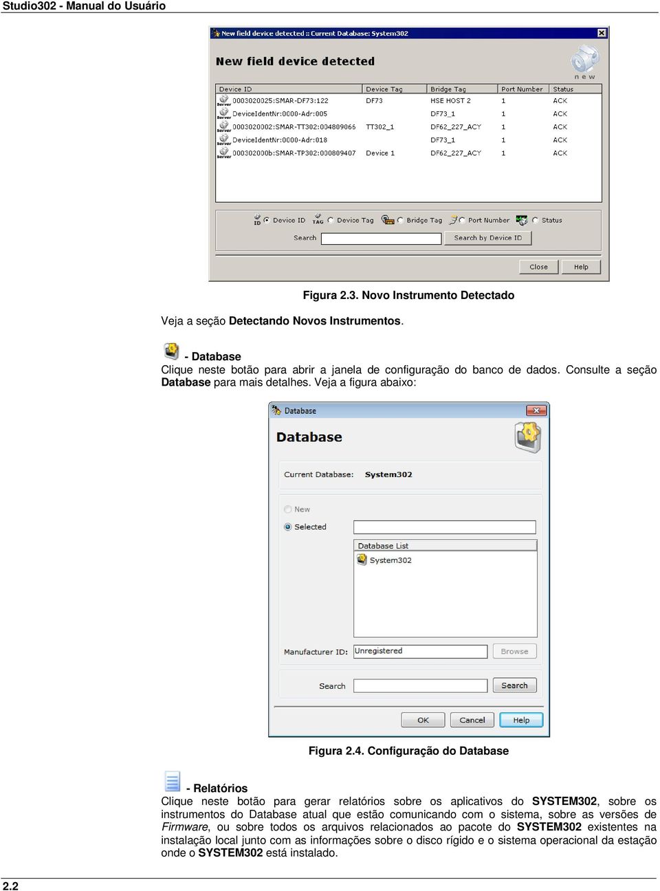 Configuração do Database - Relatórios Clique neste botão para gerar relatórios sobre os aplicativos do SYSTEM302, sobre os instrumentos do Database atual que estão comunicando