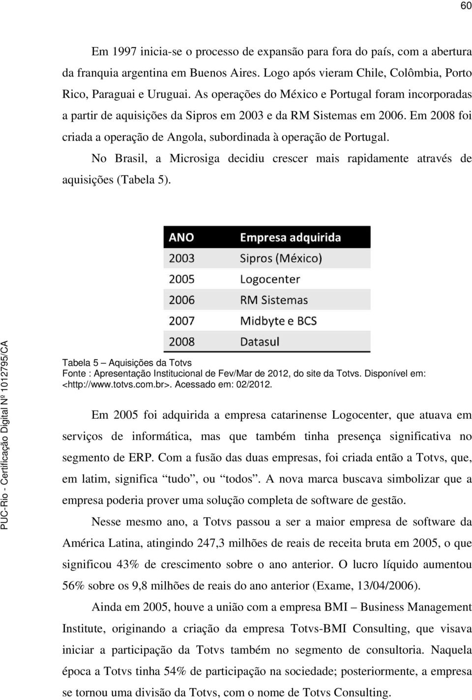 No Brasil, a Microsiga decidiu crescer mais rapidamente através de aquisições (Tabela 5). Tabela 5 Aquisições da Totvs Fonte : Apresentação Institucional de Fev/Mar de 2012, do site da Totvs.